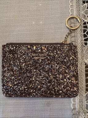 kate spade Glitter Zip Card Case Keyring - Black and Gold Sparkle